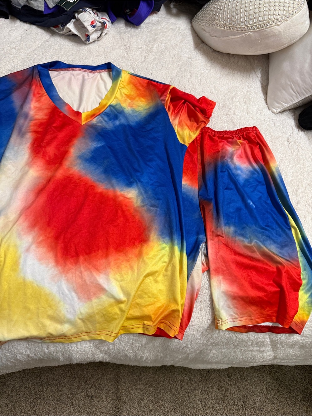 Womens Tie-Dye Rainbow Short Set - Vibrant Red, Blue & Yellow